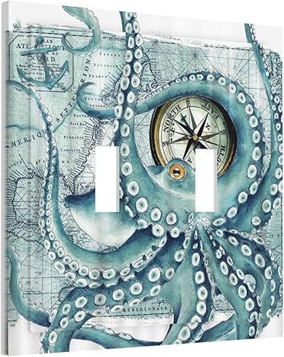 Miniatura 2 de Octopus Nautical Kraken Brújula ancla decorativa de pared de 2 cuadrillas Placa decorativa de doble interruptor de luz de palanca placa de