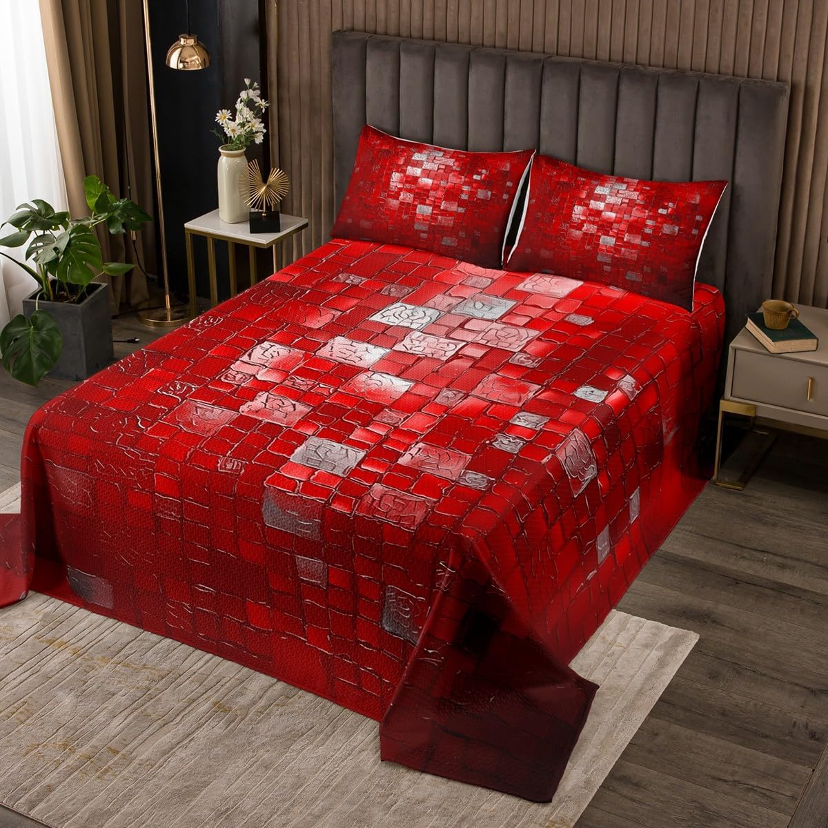 jejeloiu Red and White Bedspread Coverlet Set for Kids Boys Girls Teens Room Decor Strip Lines Quilted Coverlet King Size Abstract Art Soft