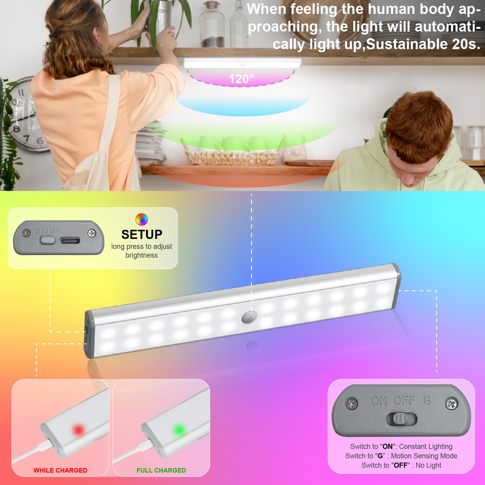 LEPOTEC 24LED RGBW Under Cabinet Light - Motion Sensor Closet Light, Rechargeable Changing Color LED Light,Christmas Lights for Kicthen,Bedroom,Remodelling Room,Hotel,Bar (Multi-24LED-2pack)
