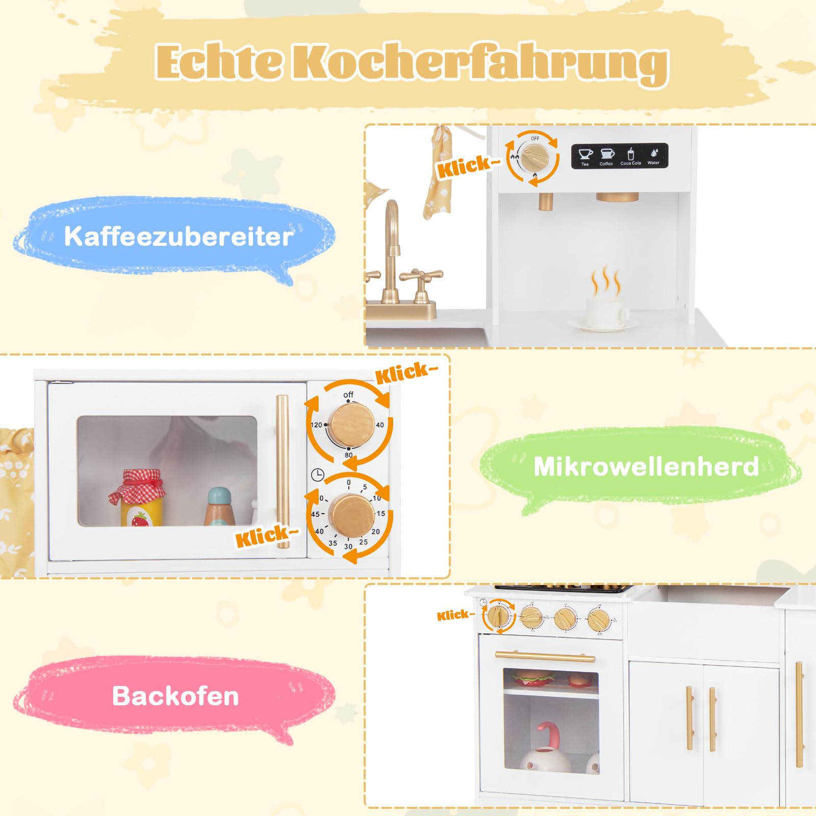 COSTWAY Kinderküche aus Holz, Spielküche mit Licht und Sound, Kinder Küche mit Spüle, Wasserhahn, Herd, Wasserspender, Mikrowelle, Spielzeugküche mit Zubehör für Kinder ab 3 Jahren (Weiß)