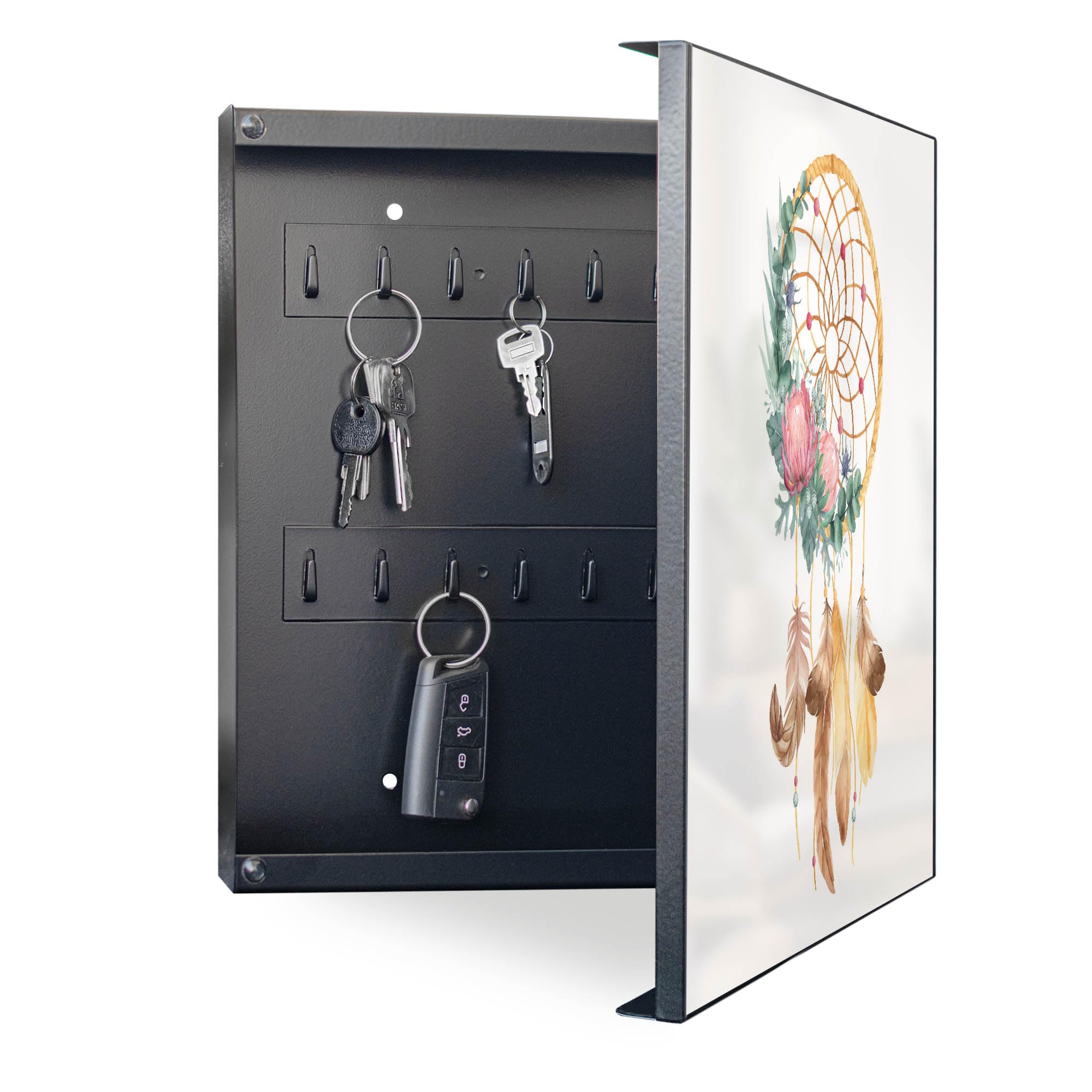 banjado Großer Schlüsselkasten Metall - Schlüsselbox 30x30cm beschreibbarer mit 32 Haken - Schlüsselkasten modern für Schlüsselaufbewahrung - Korpus Schwarz Scharnier Rechts - Motiv Traumfänger Federn