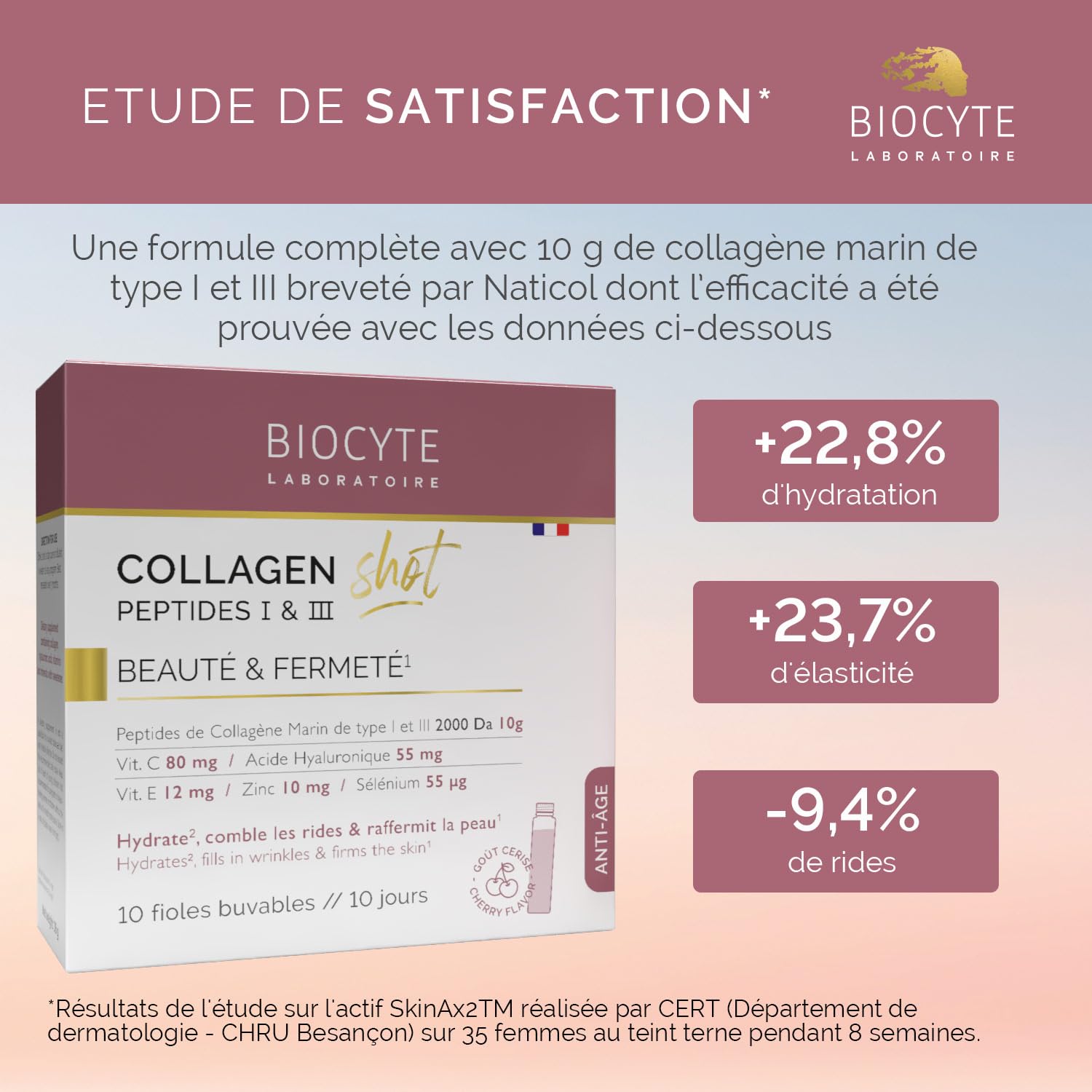 BIOCYTE Collagen Shot – Hidrata, rellena las arrugas, tonifica la piel – Complemento alimenticio de colágeno marino, ácido hialurónico, vitamina C y E, zinc – 1 vial al día – Programa 10 días