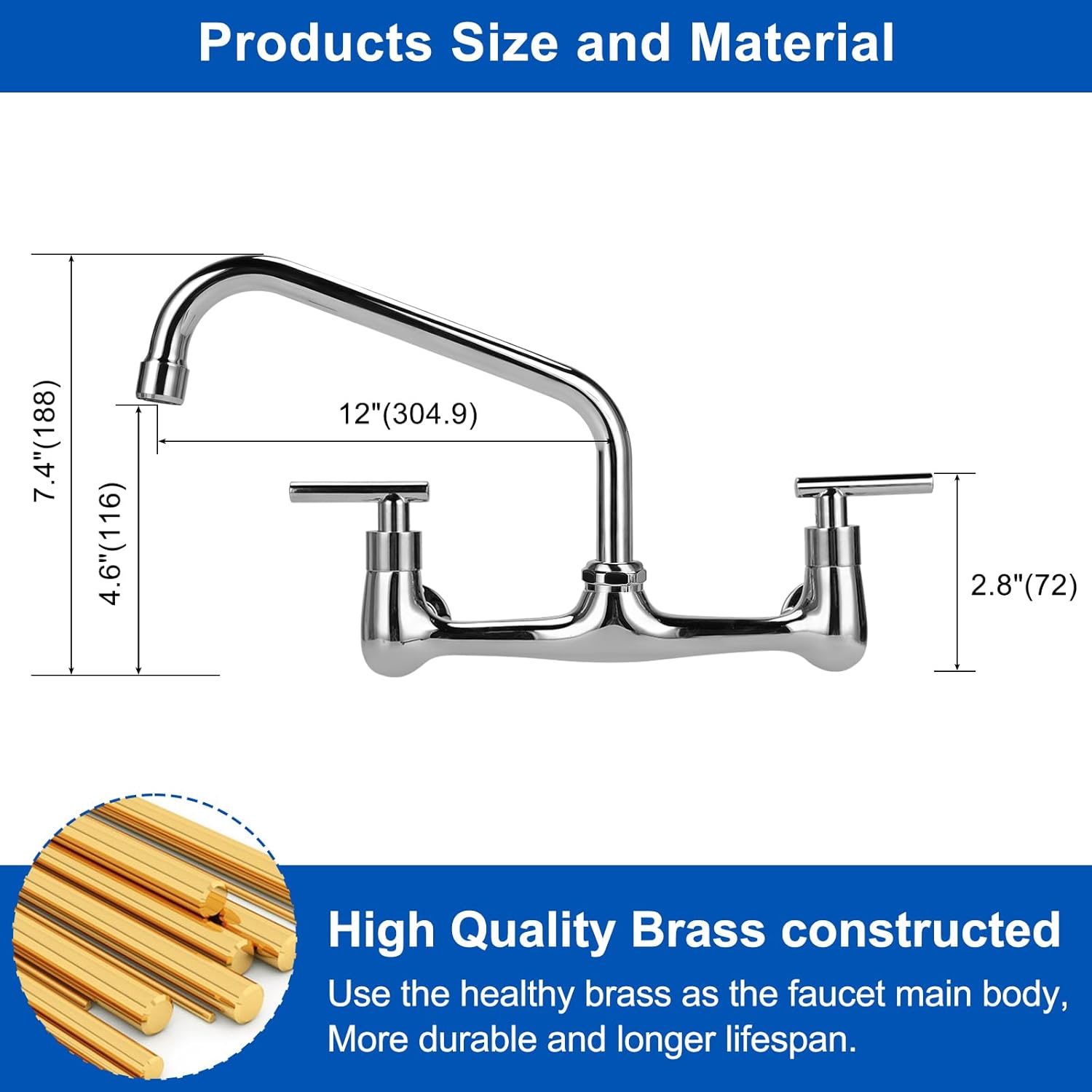 KWODE 8”Center Commercial Kitchen Faucet with 12”Swivel Spout, 2 Handles Wall Mount Utility Sink Faucet for Laundry Restaurant Industrial Kitchen Compartment Sink,Brass(Include 90 Degree Adapters)