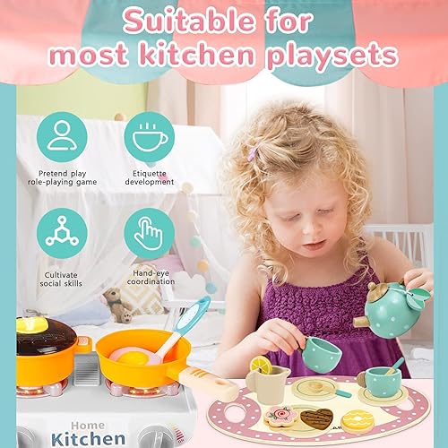 Miniatura 20 de Juego de juguetes de madera para tartas, juego de fiesta de té, juguete de comida de postres con soporte para cupcakes, accesorios de cocina