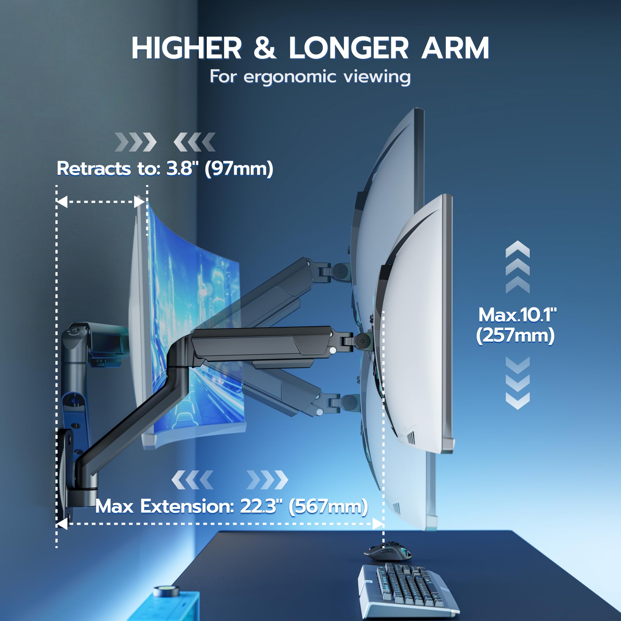 ARES WING Supporto da parete per monitor da 17-40 pollici, nero | Supporto da parete per monitor fino a 12 kg per braccio, regolabile in altezza, inclinabile, girevole, VESA 75/100 mm