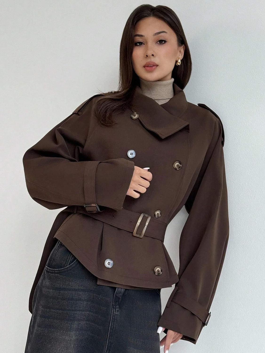 Womens Fashion Trench Outwear Casual Solid Color Double-Breasted Trench Coat Jacket Coat