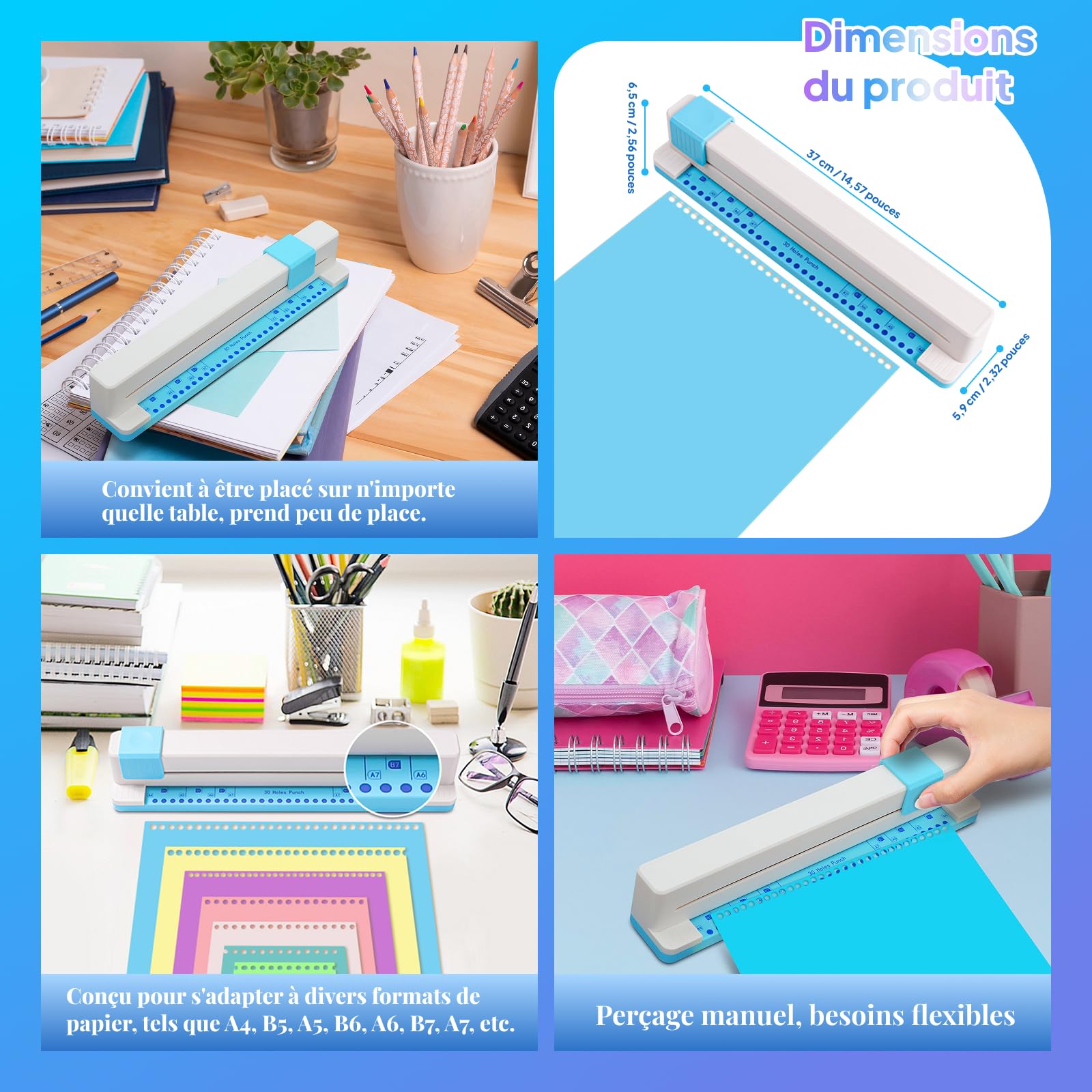 MagiDeal Perforatrice à Papier 30 Trous, Perforatrice Manuelle Réglable Perforatrice de Bureau, Base Antidérapante, Fournitures de Bureau, pour Feuilles Mobiles A4 B5 A5, Papier Artisanat