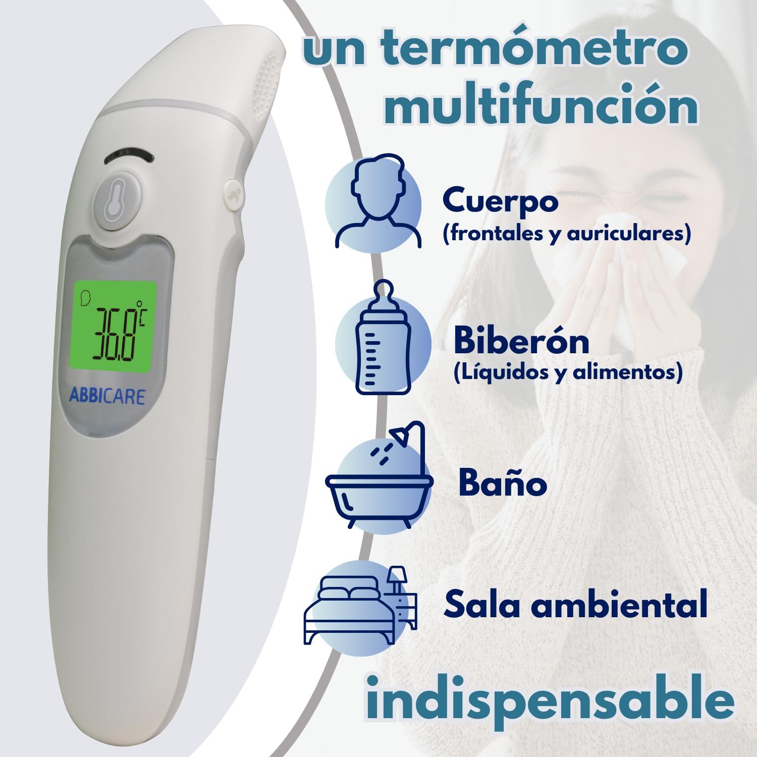 Termometro digital frontal y auricular ABBICARE™ con estuche | Modo especial bebé preciso y rápido en 1 segundo sin contacto multifuncional | termómetros médicos profesionales infrarrojos