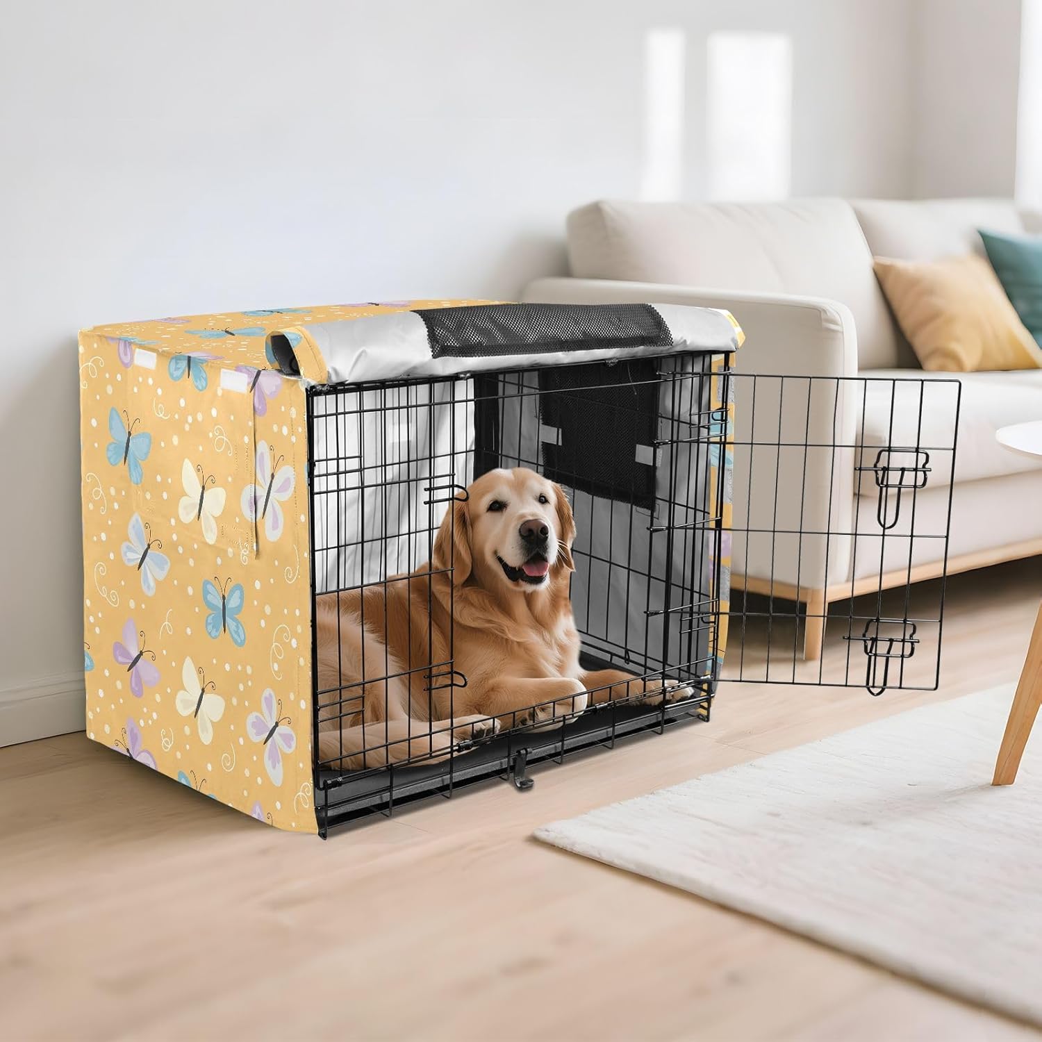 Cute Butterflies Dog Crate Cover 600D Oxford Pet Kennel Cover with Mesh Window for Dog Cages, Windproof Waterproof Machine Washable, 48"x30"x33"