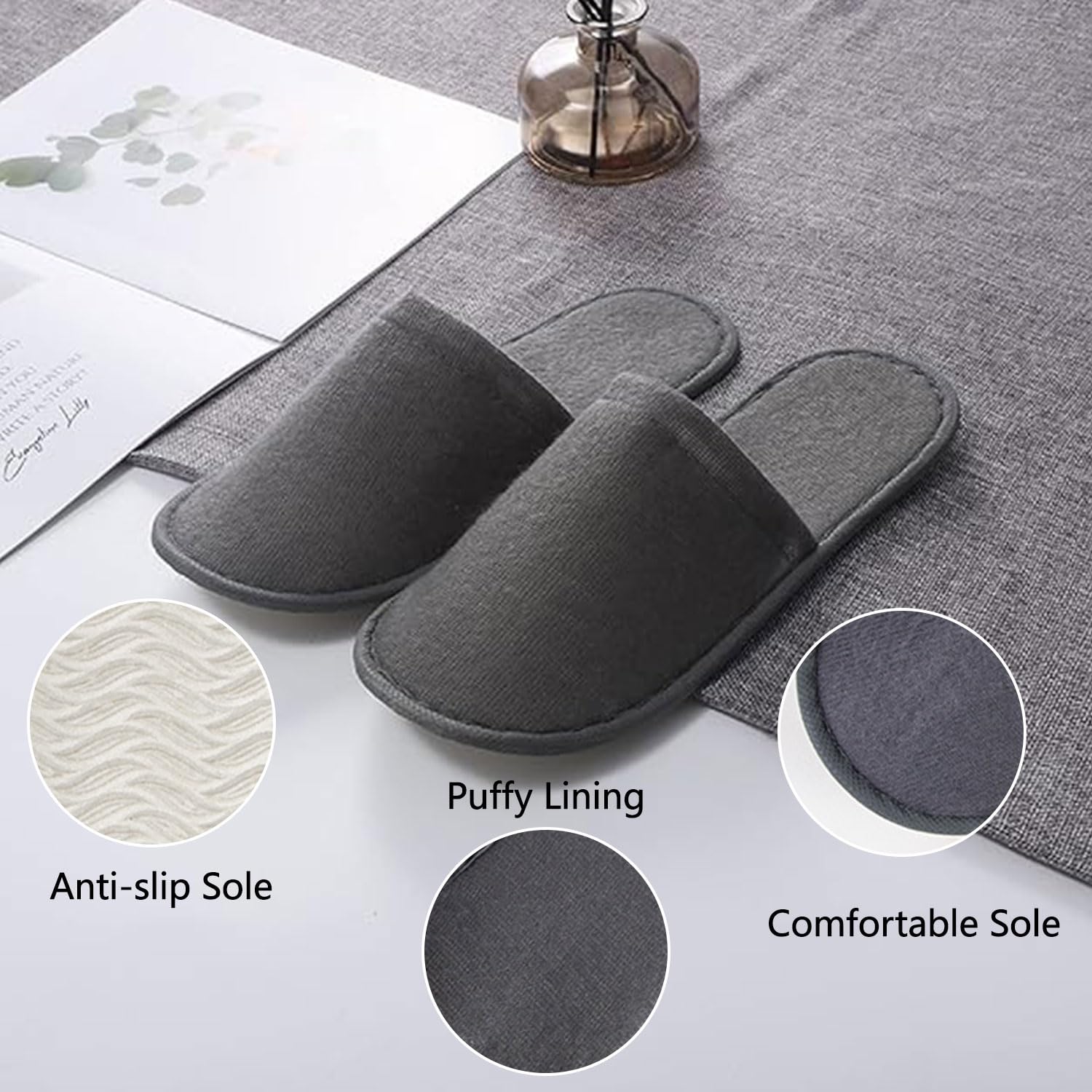 Pantofole Usa e Getta Antiscivolo, Ciabatte Ospiti, Pantofole Chiuse, Ciabatte Monouso per Hotel, Casa, Viaggi, Misura Universale, Grigio+Bianco, 4 Paia