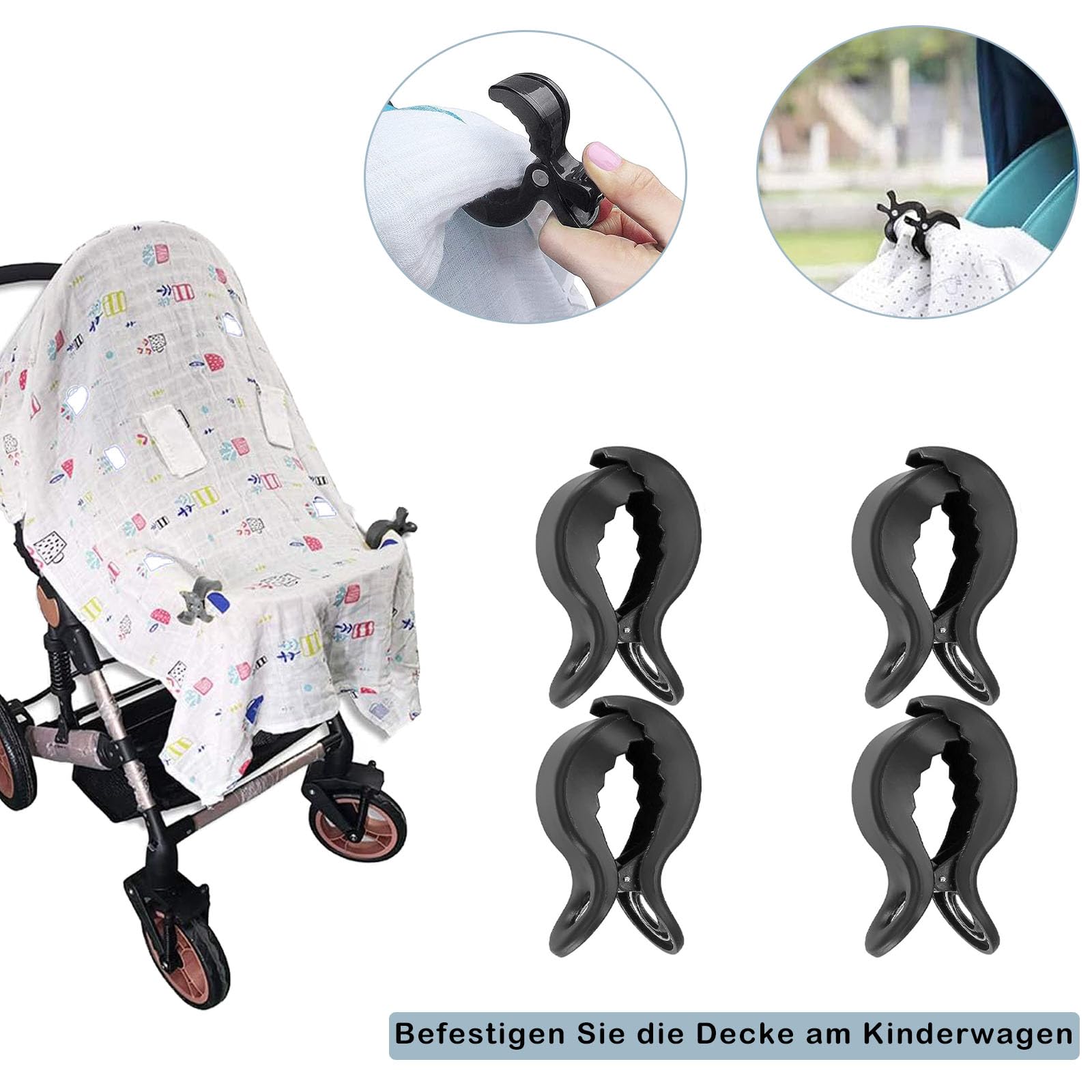 4 Stck Kinderwagen Klammer, Kinderwagen Klammer Universal Stilltuch oder  Baby Spielzeug, Clip zur Befestigung von Spielzeug, Stationre  Musselindecken Bettbezge Winter Decke Babyschale(Schwarz) : Amazon.de: Baby