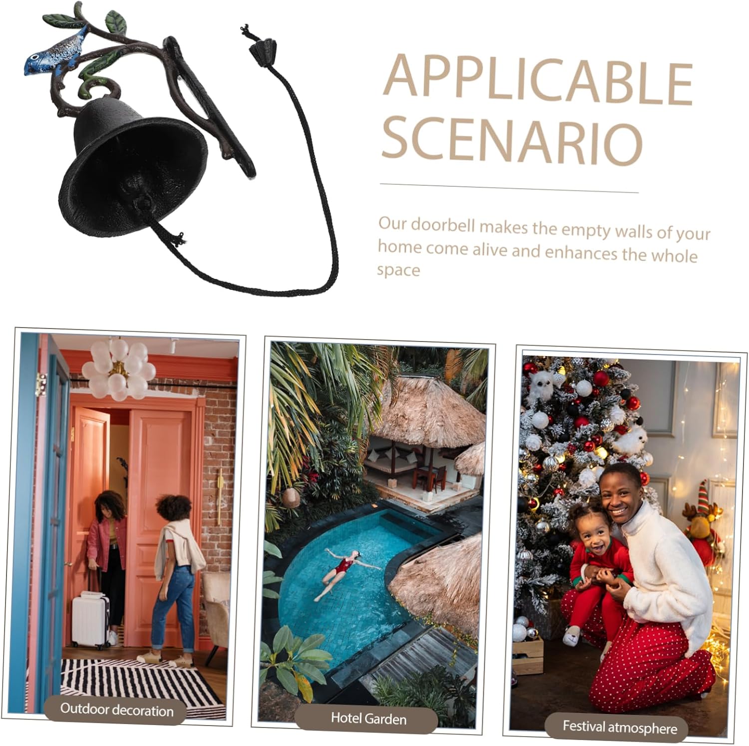 Uonlytech Rustic Wrought Iron Doorbell Vintage Decorative Hanging Bell Moon Gazing for Decor Unique Iron Pendant