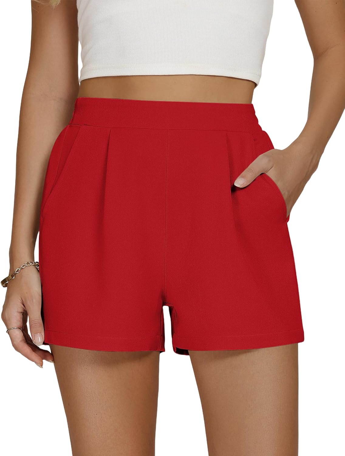 AKEWEI Shorts for Women Trendy Wide Leg Work Shorts with Pockets High Waisted Red Shorts Women Summer Casual M - Image 4