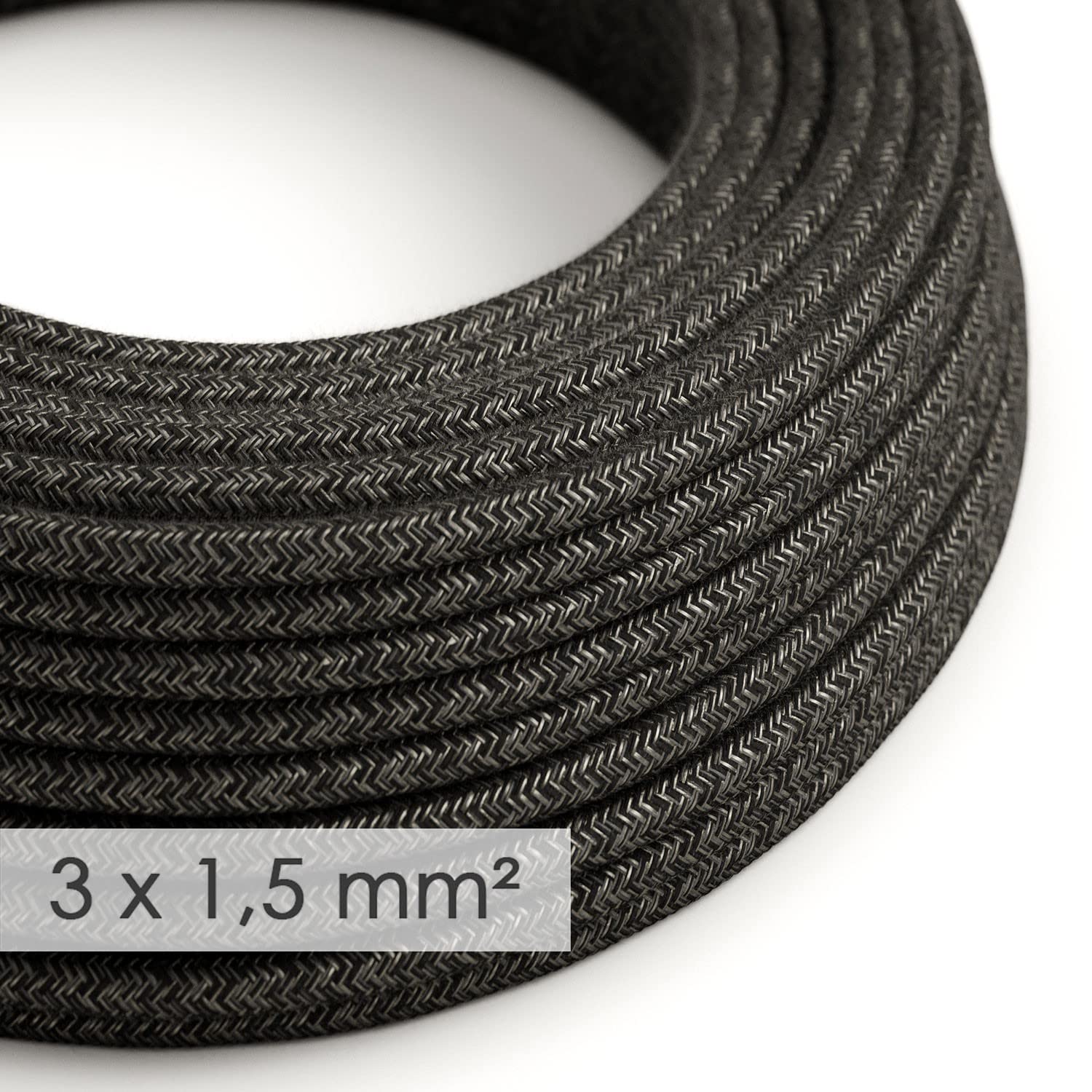 Creative-Cables Cable eléctrico original de sección amplia revestido en tejido 3x1,50 mm² (10 m, Antracita RN03) – Redondo, de lino natural – Ideal para instalaciones visibles – Seguridad certificada