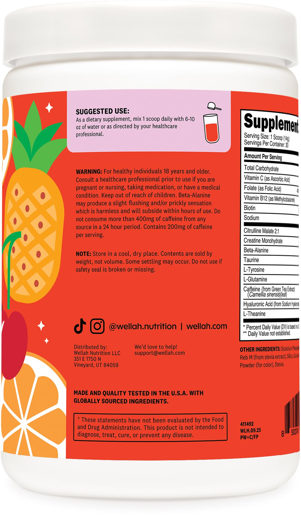 Wellah Pre-Workout + Creatine Powder (30 Servings) Fruit Punch - 200mg Caffeine, 3g Creatine Monohydrate, 5g Citrulline Malate, Pre-Workout with Creatine Supplement