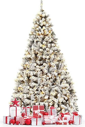 HAPPYGRILL Árbol de Navidad preiluminado de 6 pies, agujas de PVC de alta calidad, 600 puntas de rama, pino flocado con bisagras de nieve con