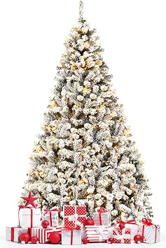 9 FT Pre-Lit Artificial Christmas Tree for Home, Holiday, Party Decoration, Hinged Flocked Christmas Pine Tree with Warm White Lights, 1498 Branch Tips, 550 Led Lights, Metal Stand, White