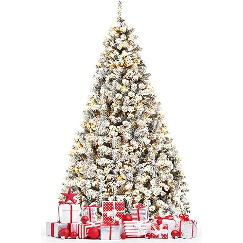 9 FT Pre-Lit Artificial Christmas Tree for Home, Holiday, Party Decoration, Hinged Flocked Christmas Pine Tree with Warm White Lights, 1498 Branch Tips, 550 Led Lights, Metal Stand, White