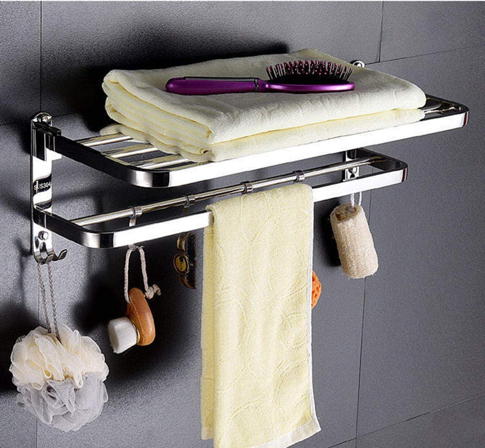 LMYSXAOZ LNNSHX Towel Rack,Foldable 304 Stainless Steel Polished Shelf,Bathroom Rack,Wall Mounted Double Holder,with Bar Holder and Hooks Wall-70cm (60cm)