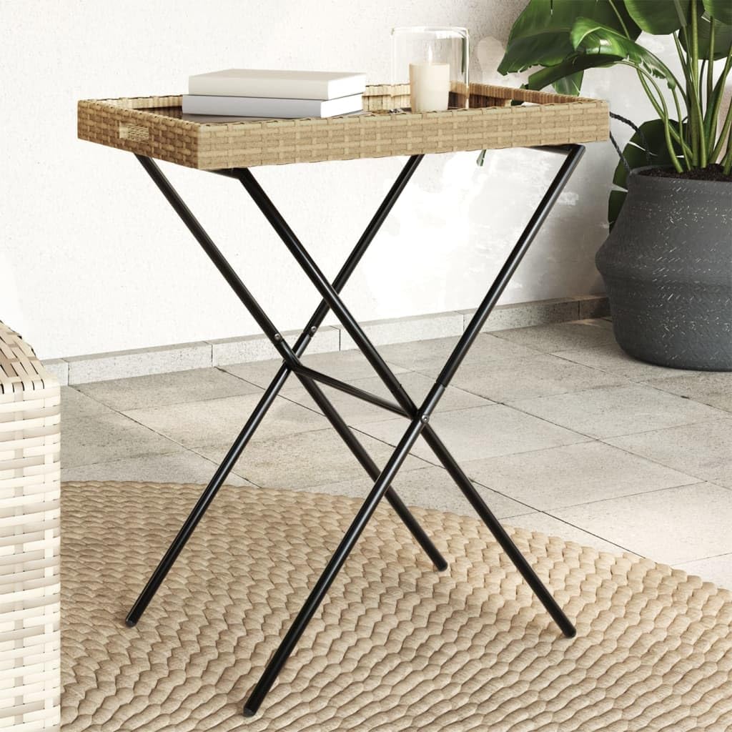 SXZenSpace Folding Garden Coffee Table 65x40x75 cm Beige PE Rattan, Foldable Outdoor Bistro Side with Removable Tray for Patio Balcony Camping Use