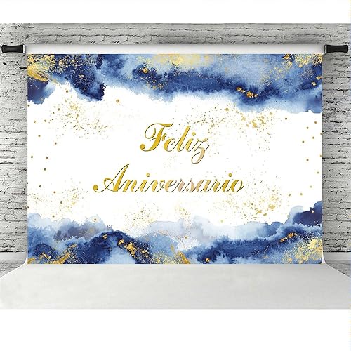 Miniatura 5 de Lofaris Telón de fondo de feliz aniversario, decoración de fiesta de feliz aniversario, nubes de acuarela azul rubor, purpurina dorada, fondo de