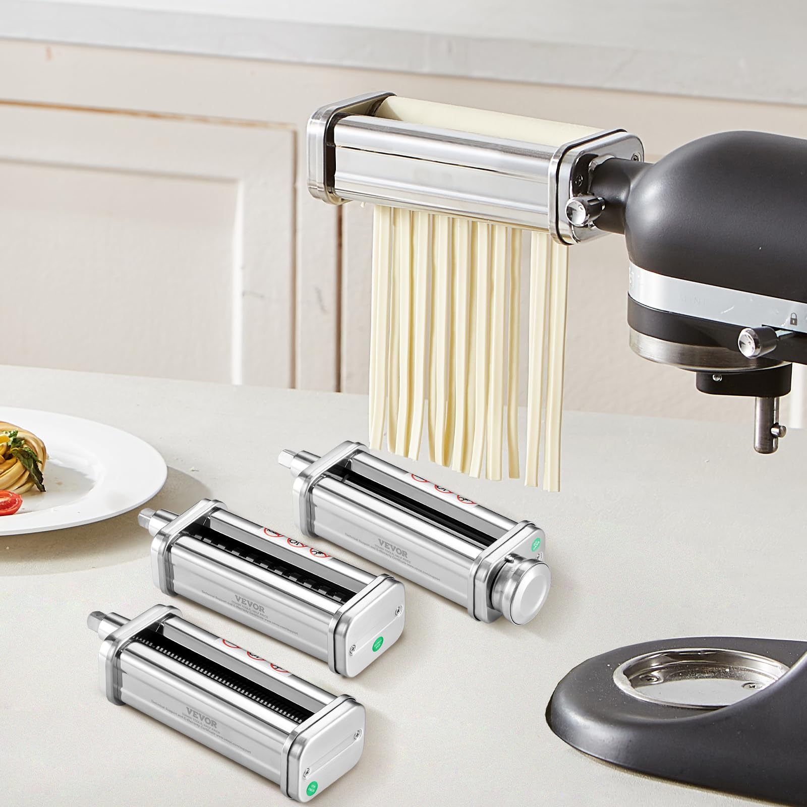 VEVOR Nasadka do makaronu KitchenAid mikser stojący, zestaw wałków do makaronu ze stali nierdzewnej, w tym wałek do arkusza makaronu, krajalnica do spaghetti i fettuccine, 8 pokręteł regulowanej