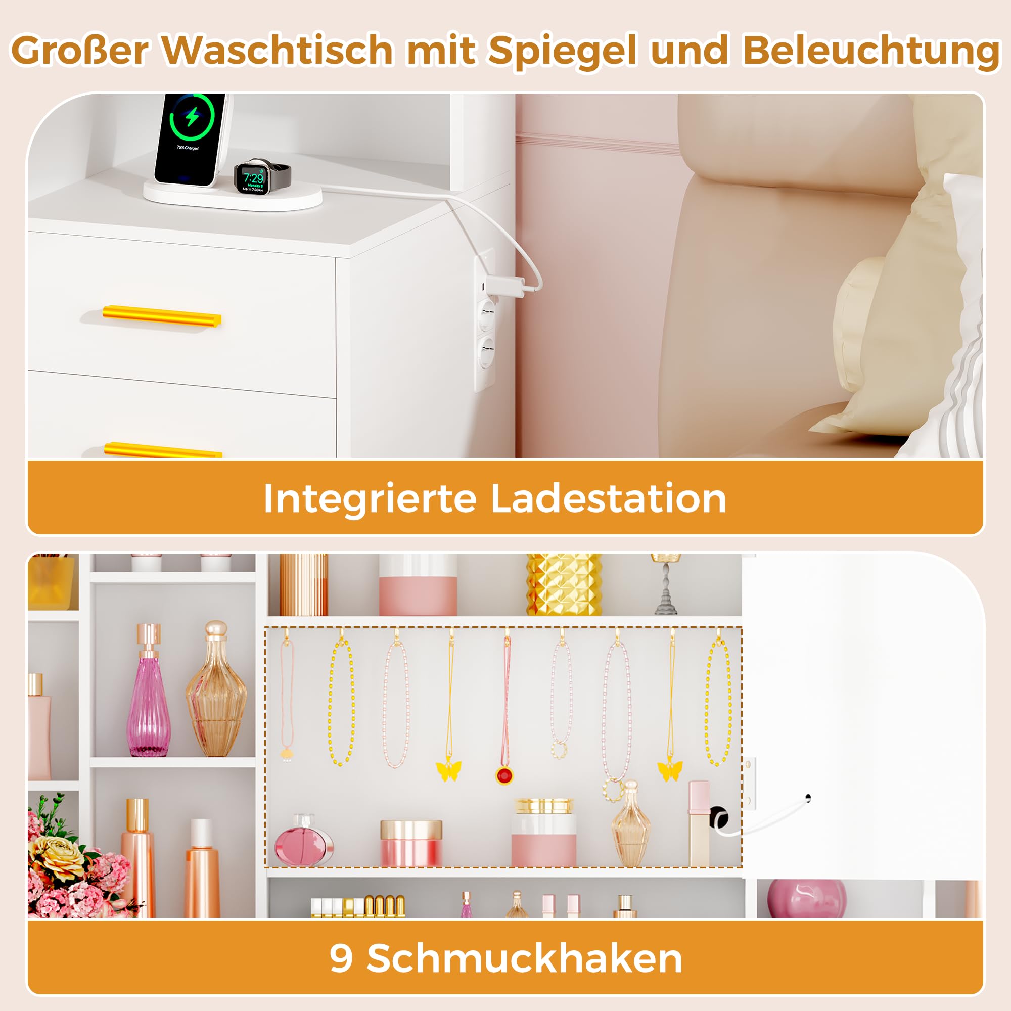 ANWBROAD 150cm Großer Schminktisch mit Spiegel und Beleuchtung Kosmetiktisch mit Steckdosen Schminktisch mit 10 Schubladen 15 offene Regale 9 Schmuckhaken Stauraum Hinter dem Spiegel Weiß BDT17W