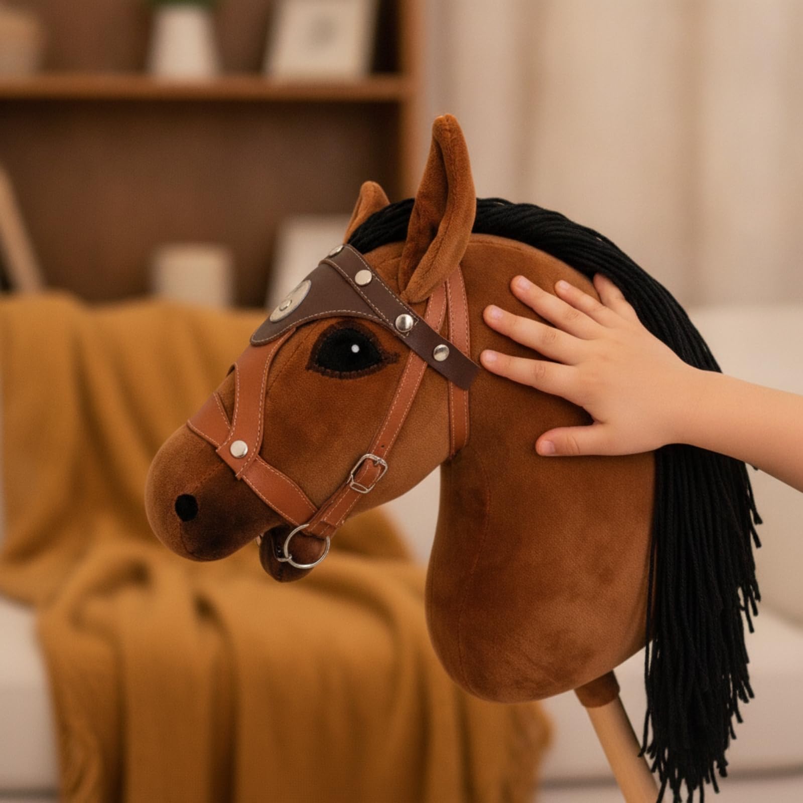 Giocattolo Cavalcata per Bambini Hobby Horse con Testa in Peluche E Bastone in Legno Giocattolo Equitazione per Giochi di Fantasia Giocattolo Morbido