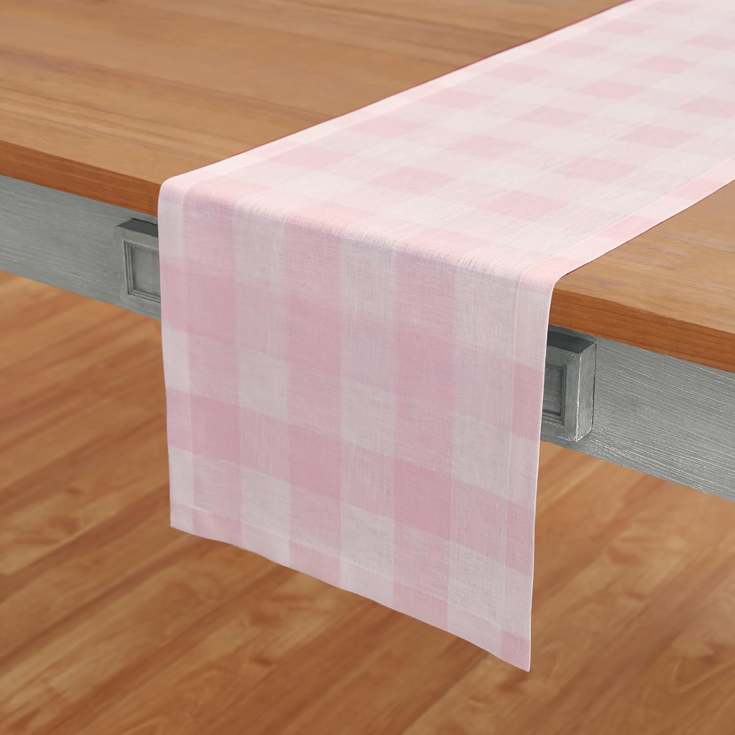 Solino Home Linen Buffalo Check Table Runner 72 Inches Long - 100% Pure Linen Marshmellow Pink Plaid Table Runner 14 x 72 Inch Ideal for Dresser, Dining, Halloween