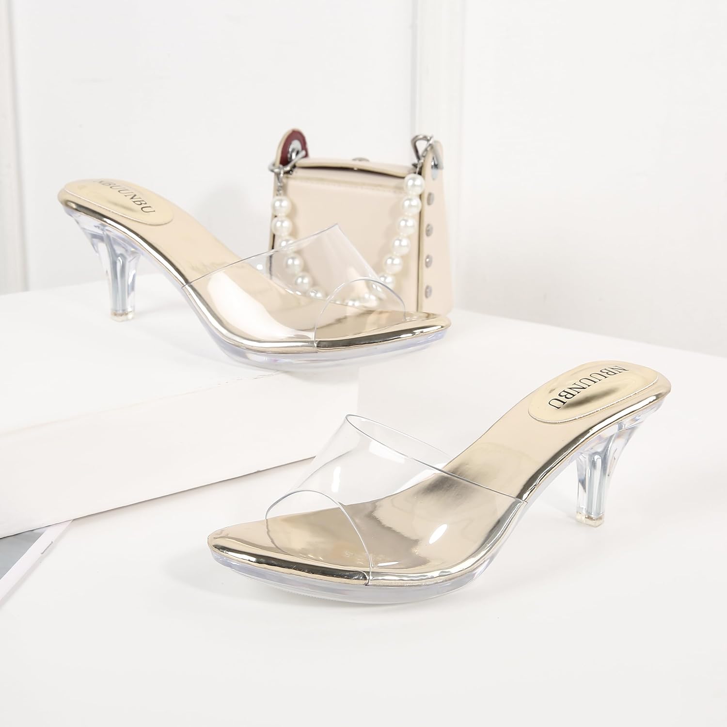 NBUUNBU Clear Heels for Women Silver Black Heels Little Platform Sexy High Heels Sandals Stiletto Kitten Open Toe Dress Shoes Comfortable Double Transparent Strap Heeled Sandals Mule - Image 5