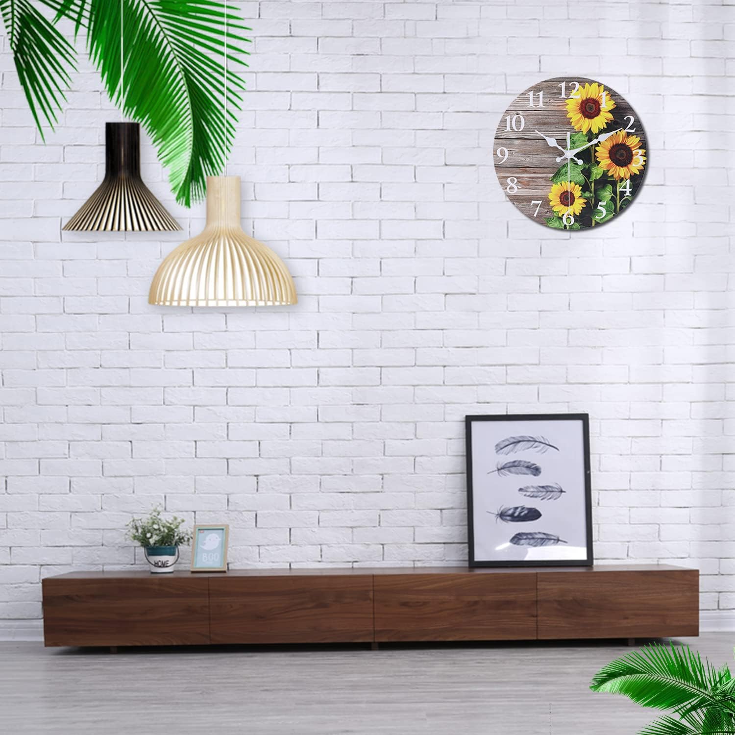 Sunflower Kitchen Decor Round Wall Clock 12 Inch Silent Non Ticking Battery Operated Wood Clock for Bedroom Bathroom Living Room