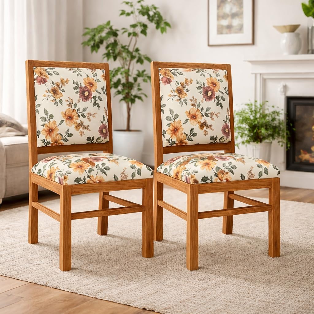 HANDWOOD FURNITURE | Modern Home Furniture | Solid Wood Set of 2 Dining Study Chair | Honey Finish with Flower Printed Cushions | Pre Assembled (Ready to Use) | 1 Year Warranty |