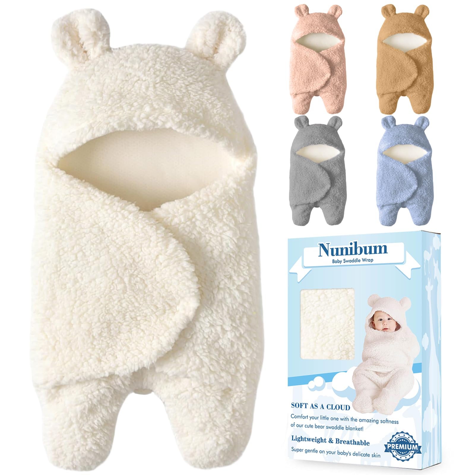 Nunibum Baby Swaddle Blanket Boys Girls Cute Bear Plush Essential Receiving Blanket Ultra-Soft Newborn Registry Sleeping Wraps for Infant 0-6 Months - White