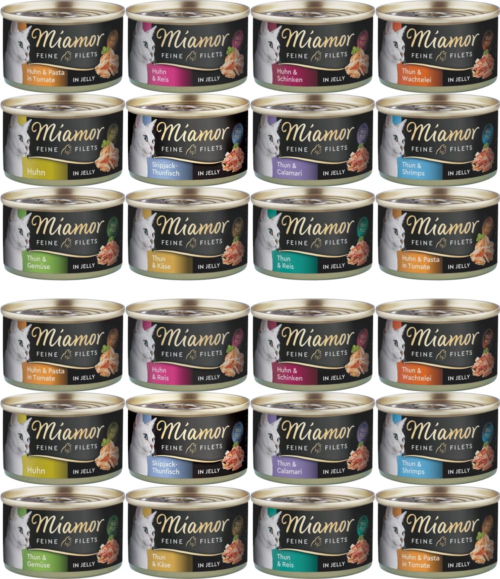 Miamor Feine Filets in Jelly Mix 24 x 100g | auch als 12 x 100g erhältlich | garantierter 8 Sorten Mix | ohne Leber und Innereien | fettarm | hochbekömmlich | Nassfutter für Katzen