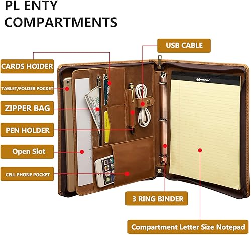 Miniatura 2 de YIWEN Carpeta hecha a mano de piel de caballo loco con 3 anillos con cremallera para hombres y mujeres, organizador de negocios para carta A4 tamaño