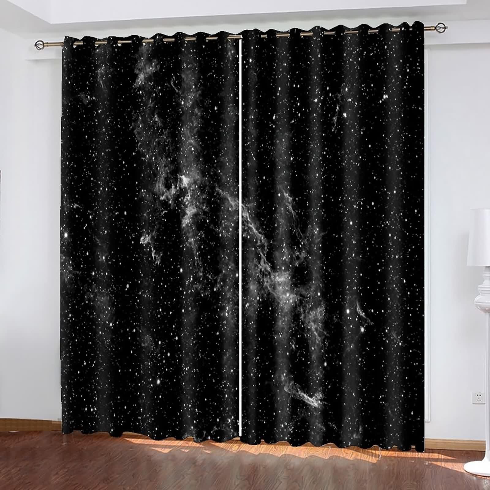 Rideau Fenetre Chambre, Rideau Occultant Cuisine Noir Blanc Polyester Ciel Étoilé 107L x 214H CM Lot de 2