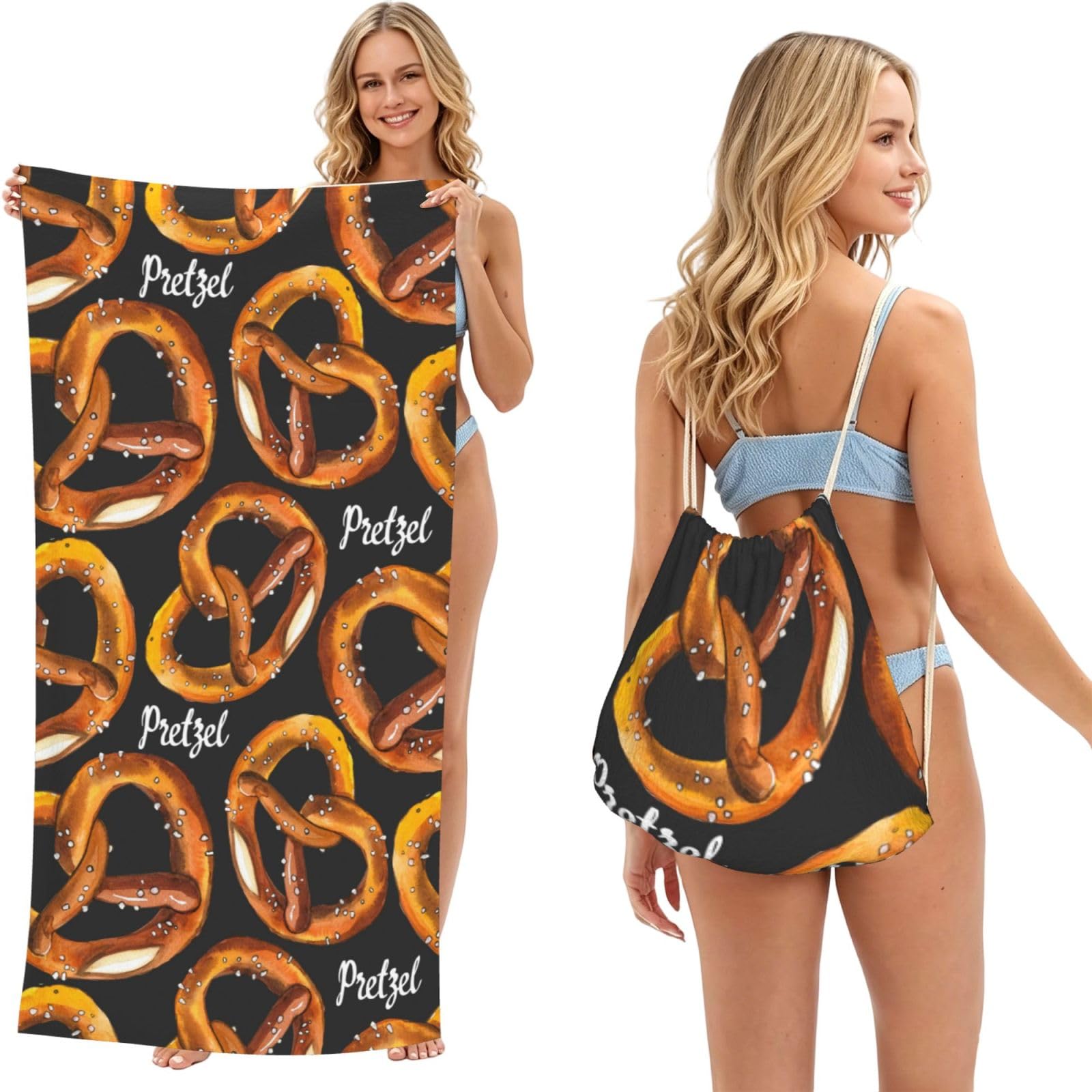 Poadnly As Picture Delicious Pretzel, 2 In 1 Packable Towel Bag, Beach Towels With Drawstring Backpack For Travel Holiday Camping