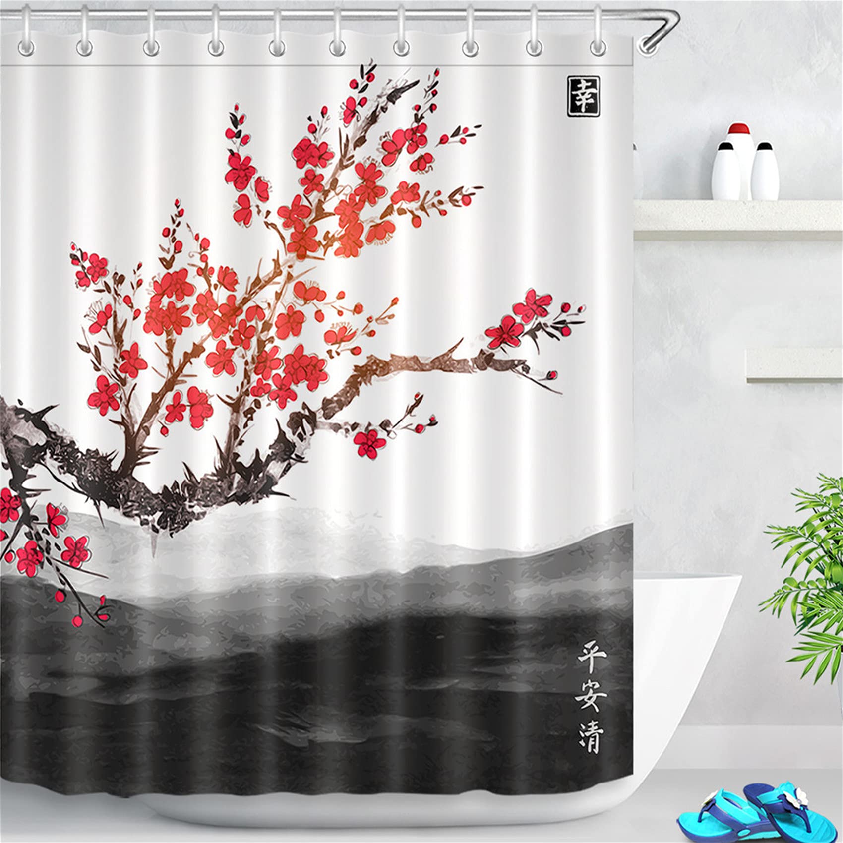 LB 47x69 inch Japanese Shower Curtain Red Cherry Blossom Black Mountain Waterproof Anti-mold White Polyester Fabric Bathroom Curtains with Hooks,Ink Painting Style — image 1