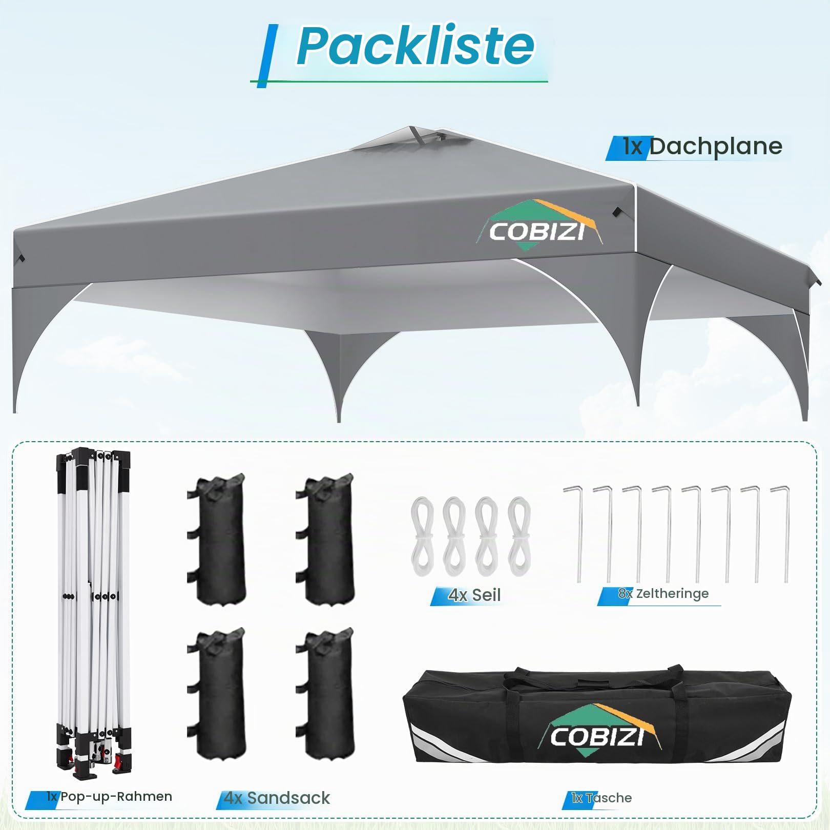 TOOLUCK Pavillon 3x3 Wasserdicht Stabil Winterfest Faltpavillon Gartenpavillon Partyzelt Pop Up Pavillon Klappbar UV Schutz 50+ Höhenverstellbar mit Entlüftung & 3 Stoffstücken&4 Sandsäcke， Grau