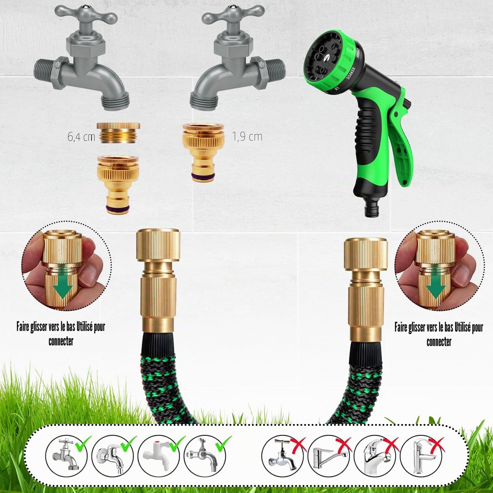 Tuyau Arrosage Extensible 15m,Tuyaux D'arrosage Embout 10 Modes Pistolet,Connecteur en Laiton Massif Avec Adaptateur 1/2’’ et 3/4’’,Tuyau d'arrosage Flexible pour Lavage de Voiture