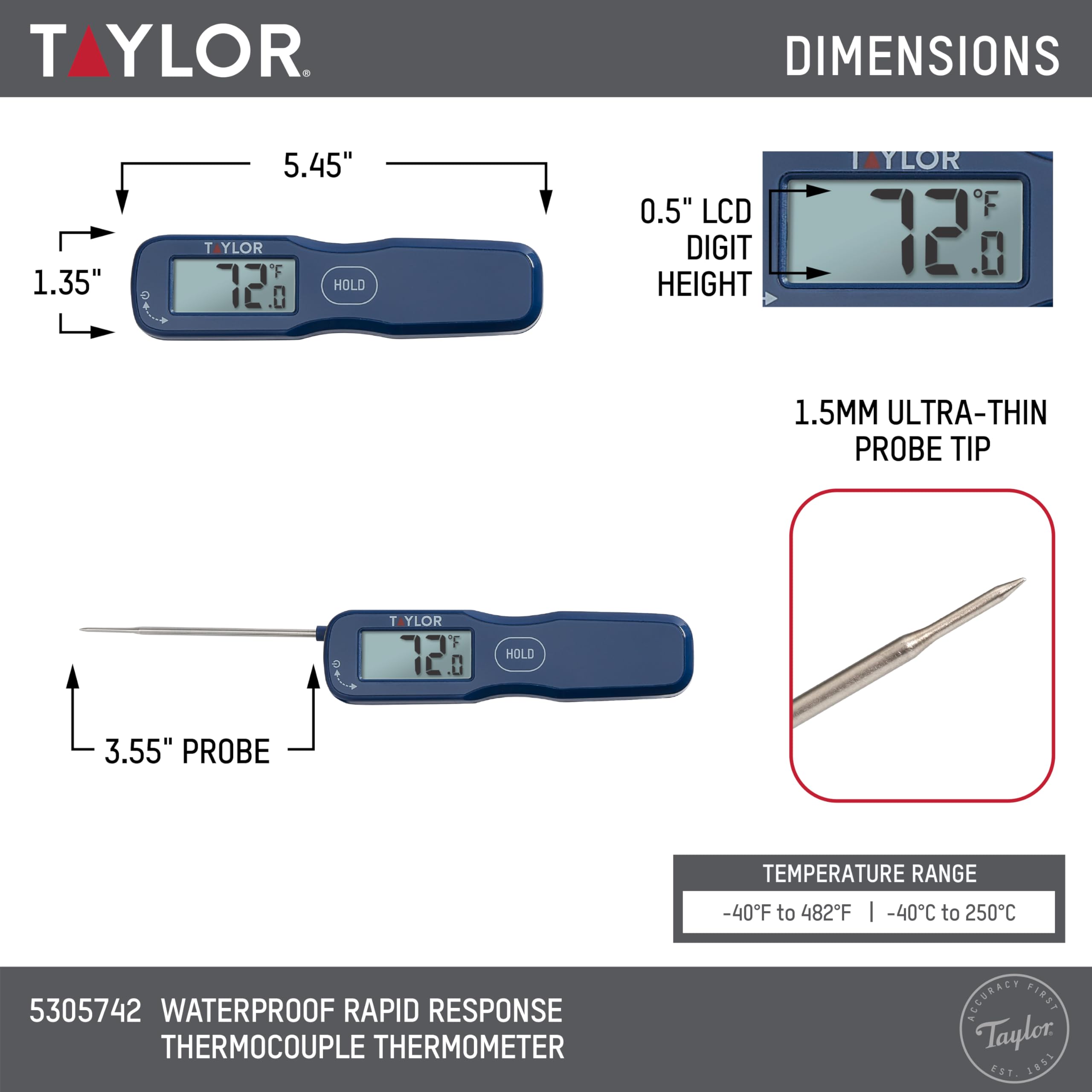 Taylor Termómetro digital impermeable de respuesta rápida plegable para alimentos, termómetro de lectura instantánea para carne, barbacoa, cocina y cocina, color azul