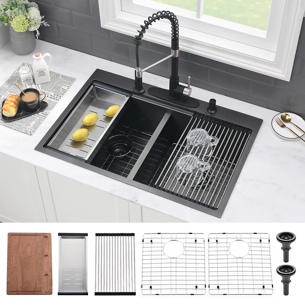 33 Double Bowl Drop In Kitchen Sink Workstation