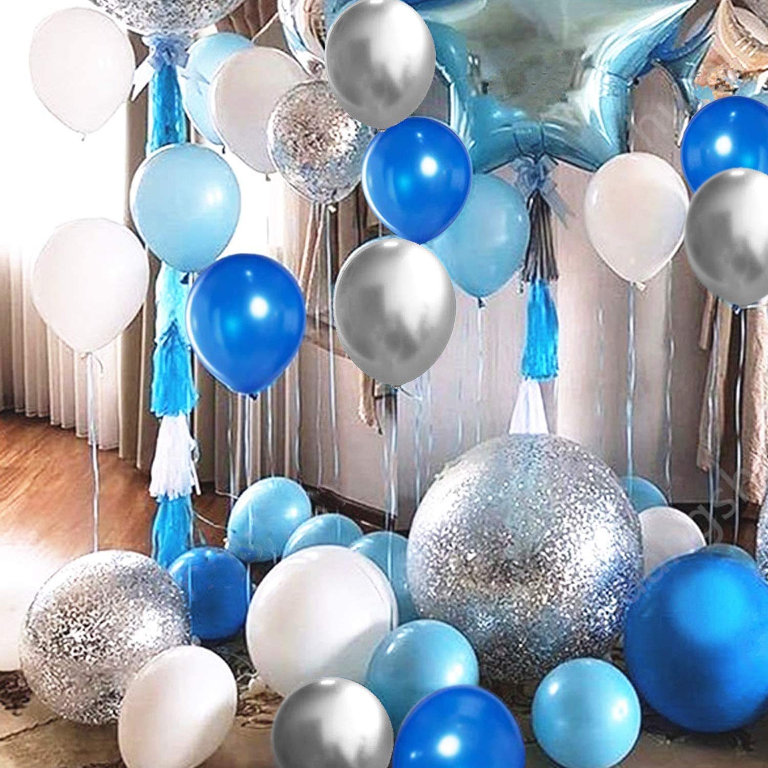 62pcs Blue Silver White Confetti Balloons Kit, 12 Inch White Royal Blue