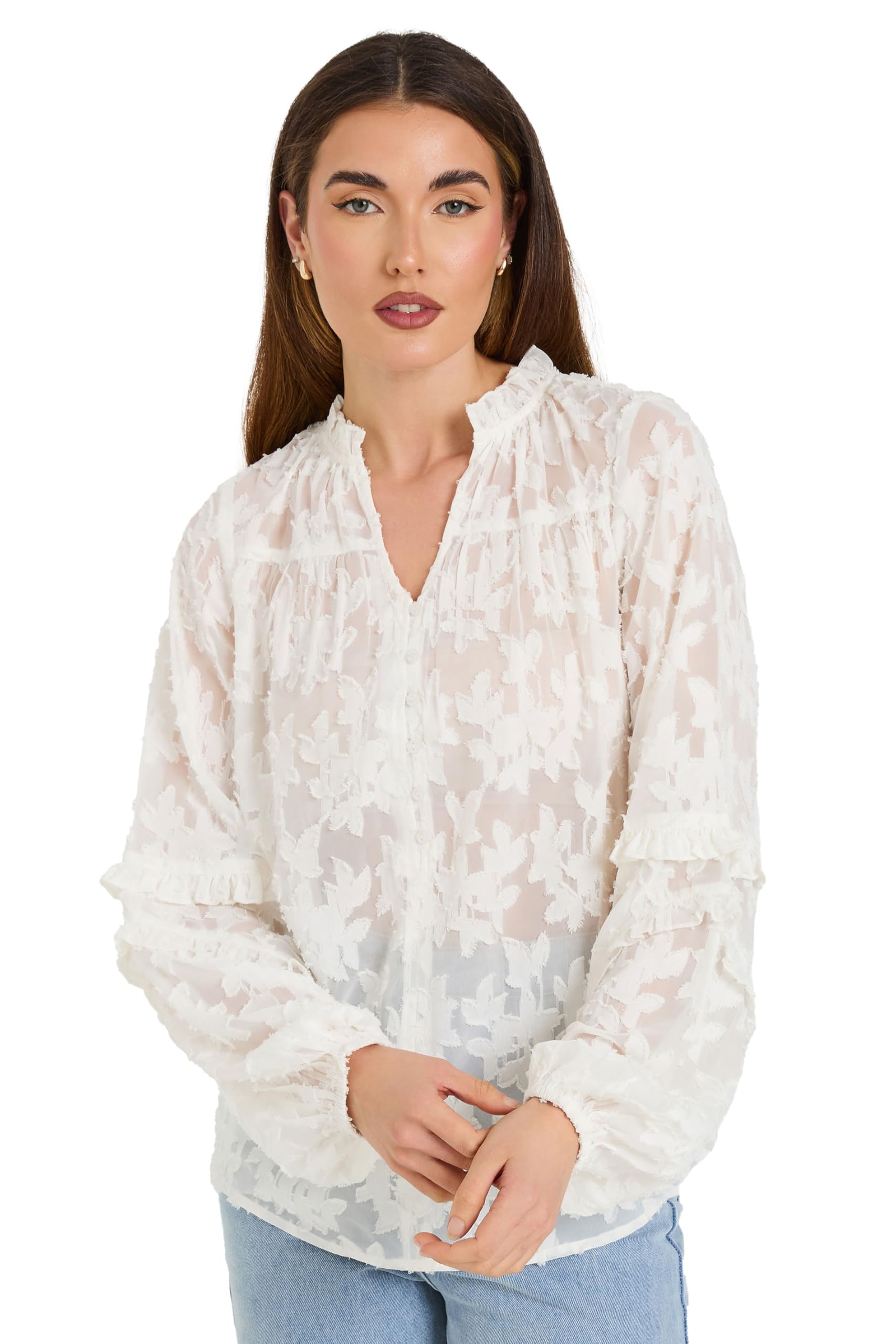 Lts Women's White Tall Ivory Jacquard Floral Blouse Size 16