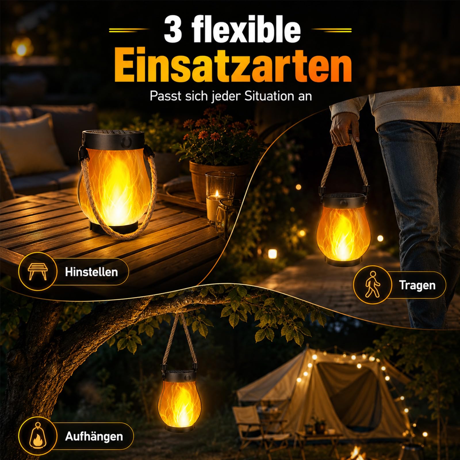 Klynero Solar Laterne Outdoor mit LED-Flammeneffekt, IP65 Wetterfest (2) | Warmer Flammeneffekt, Solar- und USB-C-Ladung, über 10 Std. Licht – ideal für Garten, Balkon und Terrasse.