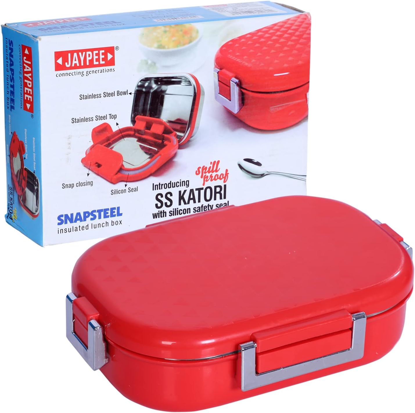 JaypeeStainless Steel Insulated Airtight, Leak Resistant Lunch Box with Spoon Snapsteel Red Stainless Steel Lunch Pack for Office & School Use 650 ml