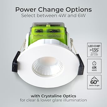 Luceco LED Flat Downlight with Power Change and 4 Colour Change Temperature Options (CCT), Fire Rated, Spotlight for Kitchen and Bathroom, FType MK2, White, IP65, 4W/6W, 750lm, 6000K-2700K, FTF6WCCT [Energy Class C]