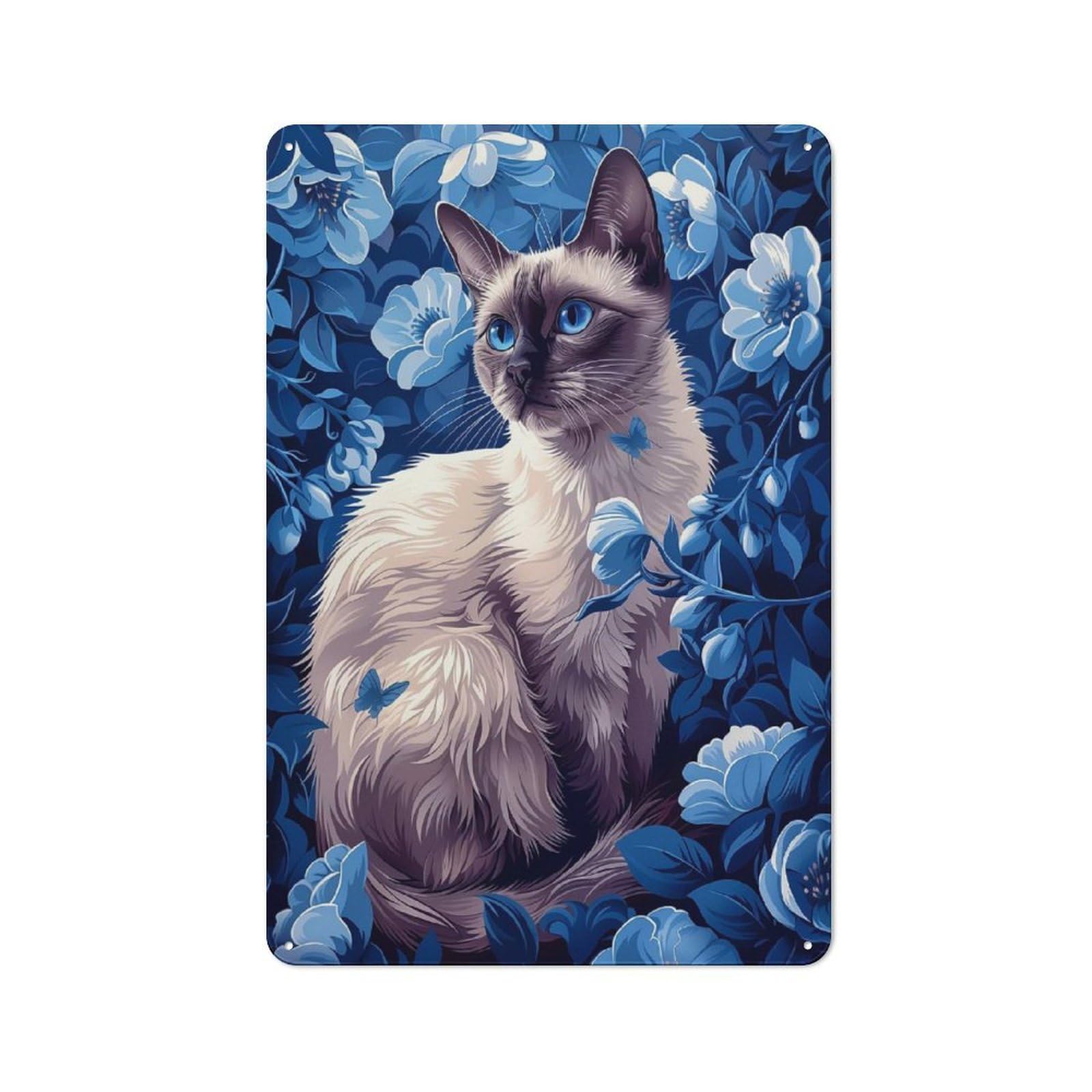 Junmoney Style-9 Simple Retro Siamese Cat In Blue Flowers Metal Wall Plaque 30X20cm, Creative Space Decor For Office, Study, Studio Or Hallway