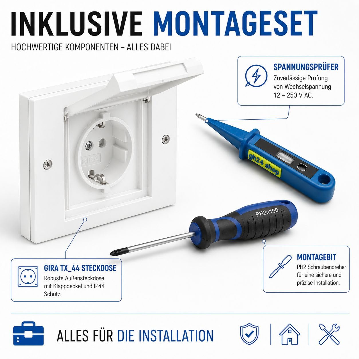 Gira TX44 Außensteckdose weiss 1-fach mit Rahmen, Dichtungsflansch & Montageset, IP44 Unterputz Steckdose für Außenbereich, wetterfeste Schuko Steckdose für Garten Terrasse Garage