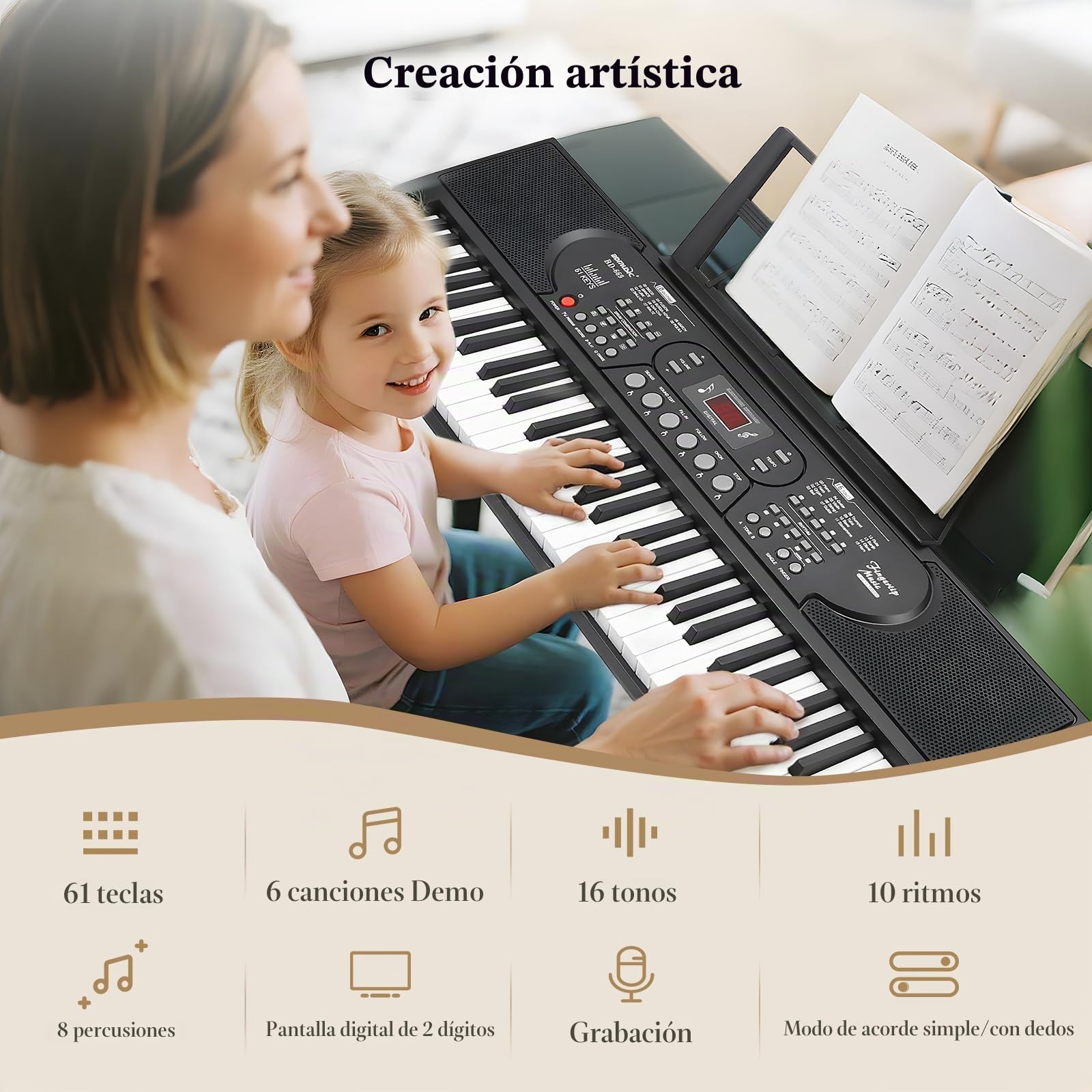 61 Teclado Piano Eléctrico para, el instrumento de piano electrónico portátil para principiantes con micrófono, pegatinas para notas Ligero y portátil, adecuado para viajes o la escuela.